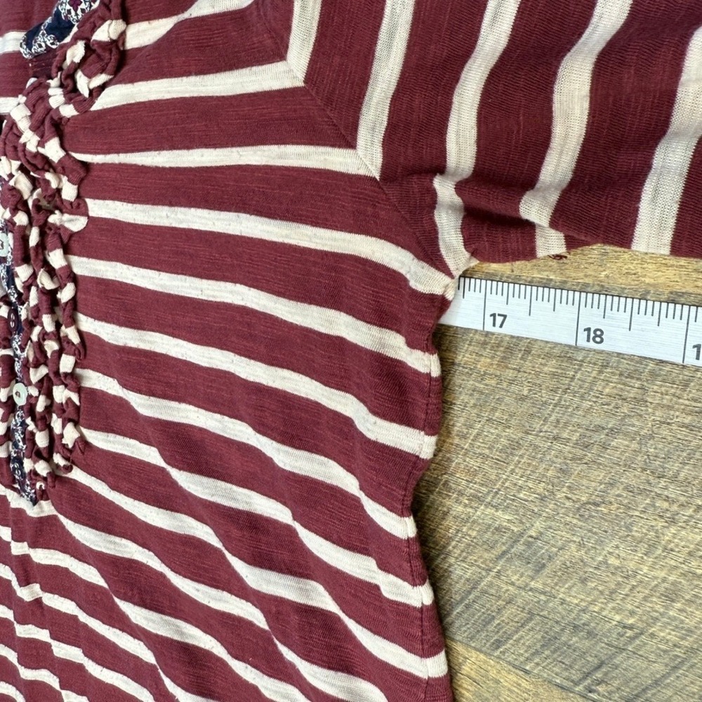 Anthropologie Mavis & Co Striped Ruffle Henley Top Sm Burgundy Shirt Cute Casual - Picture 5 of 13
